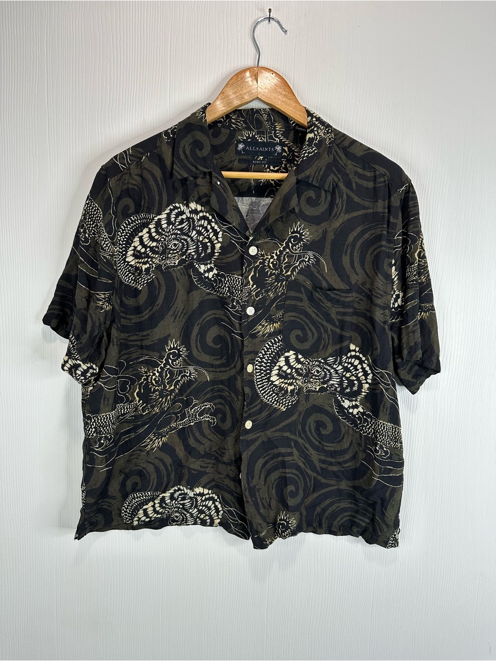 All Saints sidewinder Black Short-Sleeve Button-Down Dragon Motif